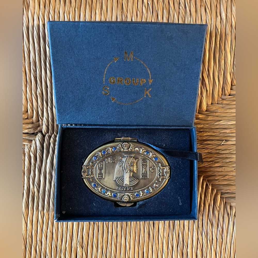 Vintage MSK Group Egyptian Revival Cleopatra Compact Mirror Blue Stones NIB